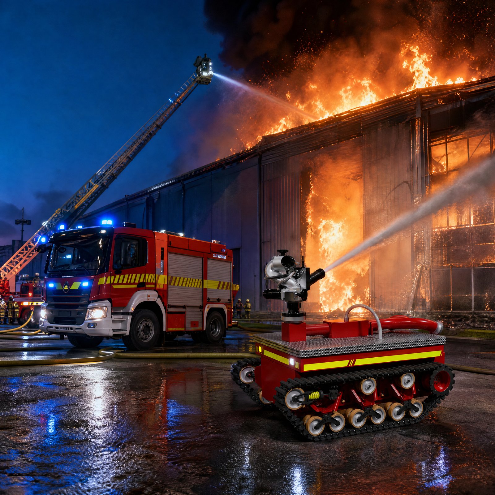 PALLAS.150 im Feuerwehreinsatz &mdash; Wasserwerfer-Modul l&ouml;scht einen Hallenbrand neben einem Feuerwehr-Einsatzfahrzeug